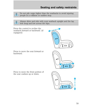 Seating and safety restraints 
Do not pile cargo higher than the seatbacks to avoid injuring 
people in a collision or sudden stop. 
Always drive and ride with your seatback upright and the lap 
belt snug and low across the hips. 
Press the control to recline the 
seatback forward or backward. (if 
equipped) 
Press to move the seat forward or 
backward. 
Press to move the front portion of 
the seat cushion up or down. 
59 
 