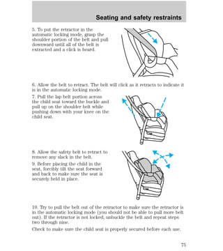 Seating and safety restraints 
5. To put the retractor in the 
automatic locking mode, grasp the 
shoulder portion of the belt and pull 
downward until all of the belt is 
extracted and a click is heard. 
6. Allow the belt to retract. The belt will click as it retracts to indicate it 
is in the automatic locking mode. 
7. Pull the lap belt portion across 
the child seat toward the buckle and 
pull up on the shoulder belt while 
pushing down with your knee on the 
child seat. 
8. Allow the safety belt to retract to 
remove any slack in the belt. 
9. Before placing the child in the 
seat, forcibly tilt the seat forward 
and back to make sure the seat is 
securely held in place. 
10. Try to pull the belt out of the retractor to make sure the retractor is 
in the automatic locking mode (you should not be able to pull more belt 
out). If the retractor is not locked, unbuckle the belt and repeat steps 
two through nine. 
Check to make sure the child seat is properly secured before each use. 
75 
 