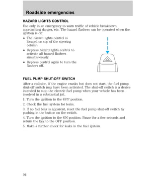 Roadside emergencies 
HAZARD LIGHTS CONTROL 
Use only in an emergency to warn traffic of vehicle breakdown, 
approaching danger, etc. The hazard flashers can be operated when the 
ignition is off. 
² The hazard lights control is 
located on top of the steering 
column. 
² Depress hazard lights control to 
activate all hazard flashers 
simultaneously. 
² Depress control again to turn the 
flashers off. 
FUEL PUMP SHUT-OFF SWITCH 
After a collision, if the engine cranks but does not start, the fuel pump 
shut-off switch may have been activated. The shut-off switch is a device 
intended to stop the electric fuel pump when your vehicle has been 
involved in a substantial jolt. 
1. Turn the ignition to the OFF position. 
2. Check the fuel system for leaks. 
3. If no fuel leak is apparent, reset the fuel pump shut-off switch by 
pushing in the button on the switch. 
4. Turn the ignition to the ON position. Pause for a few seconds and 
return the key to the OFF position. 
5. Make a further check for leaks in the fuel system. 
94 
 