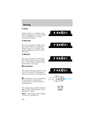 P (Park) 
Always come to a complete stop 
before shifting into P (Park). Make 
sure the gearshift is securely 
latched in P (Park). 
R (Reverse) 
With the gearshift in R (Reverse), 
the vehicle will move backward. 
Always come to a complete stop 
before shifting into and out of R 
(Reverse). 
N (Neutral) 
With the gearshift in N (Neutral), 
the vehicle can be started and is 
free to roll. Hold the brake pedal 
down while in this gear. 
(Overdrive) 
The normal driving position for the 
best fuel economy. Transmission 
operates in gears one through four. 
(Overdrive) can be deactivated 
by pressing the transmission 
control switch on the end of the 
gearshift lever. 
The transmission control indicator 
light (TCIL) will illuminate on the 
instrument cluster. 
Drive – Not shown on the display. 
Activate by pressing the 
O/D 
ON/OFF 
O/D 
OFF 
Driving 
106 
 