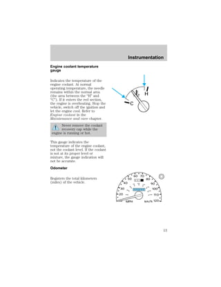 Engine coolant temperature 
gauge 
Indicates the temperature of the 
engine coolant. At normal 
operating temperature, the needle 
remains within the normal area 
(the area between the “H” and 
“C”). If it enters the red section, 
the engine is overheating. Stop the 
vehicle, switch off the ignition and 
let the engine cool. Refer to 
Engine coolant in the 
Maintenance and care chapter. 
Never remove the coolant 
recovery cap while the 
engine is running or hot. 
This gauge indicates the 
temperature of the engine coolant, 
not the coolant level. If the coolant 
is not at its proper level or 
mixture, the gauge indication will 
not be accurate. 
Odometer 
Registers the total kilometers 
(miles) of the vehicle. 
Instrumentation 
C 
H 
20 
50 
40 
60 
10 MPH 
60 70 
30 
80 
90 
100 
120 
km/h 
0 0 0 
110 
120 
80 100 
40 0 0 0 0 0 0 
140 
160 
20 180 
13 
 