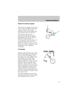 Engine oil pressure gauge 
This shows the engine oil pressure 
in the system. Sufficient pressure 
exists as long as the needle 
remains in the normal range (the 
area between the “H” and “L”). 
If the gauge indicates low 
pressure, switch off the engine 
immediately. Check the oil level. 
Add oil if needed (refer to 
Checking and adding engine oil 
in the Maintenance and care 
chapter). If the oil level is correct, 
have your vehicle checked at your 
dealership or by a qualified 
technician. 
Fuel gauge 
Displays approximately how much 
fuel is in the fuel tank (when the 
key is in the ON position). The 
fuel gauge may vary slightly when 
the vehicle is in motion. The 
ignition should be in the OFF 
position while the vehicle is being 
refueled. When the gauge first 
indicates empty, there is a small 
amount of reserve fuel in the tank. 
When refueling the vehicle from 
empty indication, the amount of 
fuel that can be added will be less 
than the advertised capacity due to 
the reserve fuel. 
The FUEL DOOR icon and arrow 
indicates which side of the vehicle 
the fuel filler door is located. 
Instrumentation 
H 
L 
E 
F 
15 
 