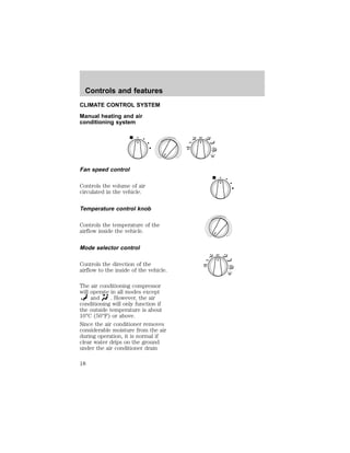 CLIMATE CONTROL SYSTEM 
Manual heating and air 
conditioning system 
Fan speed control 
Controls the volume of air 
circulated in the vehicle. 
Temperature control knob 
Controls the temperature of the 
airflow inside the vehicle. 
Mode selector control 
Controls the direction of the 
airflow to the inside of the vehicle. 
The air conditioning compressor 
will operate in all modes except 
and . However, the air 
conditioning will only function if 
the outside temperature is about 
10°C (50°F) or above. 
Since the air conditioner removes 
considerable moisture from the air 
during operation, it is normal if 
clear water drips on the ground 
under the air conditioner drain 
OFF 
A/C 
MAX 
A/C 
OFF 
A/C 
MAX 
A/C 
Controls and features 
18 
 