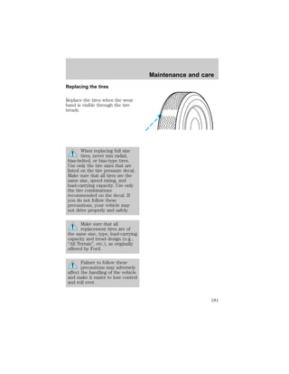 Replacing the tires 
Replace the tires when the wear 
band is visible through the tire 
treads. 
When replacing full size 
tires, never mix radial, 
bias-belted, or bias-type tires. 
Use only the tire sizes that are 
listed on the tire pressure decal. 
Make sure that all tires are the 
same size, speed rating, and 
load-carrying capacity. Use only 
the tire combinations 
recommended on the decal. If 
you do not follow these 
precautions, your vehicle may 
not drive properly and safely. 
Make sure that all 
replacement tires are of 
the same size, type, load-carrying 
capacity and tread design (e.g., 
“All Terrain”, etc.), as originally 
offered by Ford. 
Failure to follow these 
precautions may adversely 
affect the handling of the vehicle 
and make it easier to lose control 
and roll over. 
Maintenance and care 
181 
 