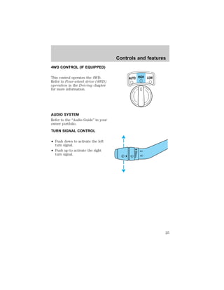 4WD CONTROL (IF EQUIPPED) 
This control operates the 4WD. 
Refer to Four-wheel drive (4WD) 
operation in the Driving chapter 
for more information. 
AUDIO SYSTEM 
Refer to the “Audio Guide” in your 
owner portfolio. 
TURN SIGNAL CONTROL 
² Push down to activate the left 
turn signal. 
² Push up to activate the right 
turn signal. 
Controls and features 
HIGH LOW AUTO 
25 
 