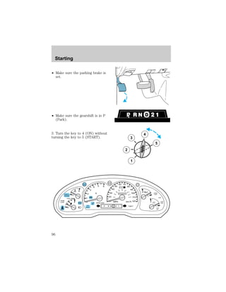 ² Make sure the parking brake is 
set. 
² Make sure the gearshift is in P 
(Park). 
3. Turn the key to 4 (ON) without 
turning the key to 5 (START). 3 
2 
1 
5 
4 
C 
2 
1 
0 
3 
4 5 6 
ABS RPMx1000 
CHECK 
ENGINE 
DOOR 
AJAR 
E 
F 
50 
40 
80 100 
120 
H H 
H 
20 
100 
60 
P R N D 2 1 THEFT 
SPEED 
CONT 
4WD 
4WD 
LOW 
O/D 
OFF 
L 
L 
10 MPH 
60 70 
30 
80 
90 
km/h 
0 0 0 
110 
120 
40 0 0 0 0 0 0 
140 
160 
20 180 
<FUEL DOOR 
DOOR 
AJAR 
CHECK 
GAGE 
! 
BRAKE 
Starting 
96 
 