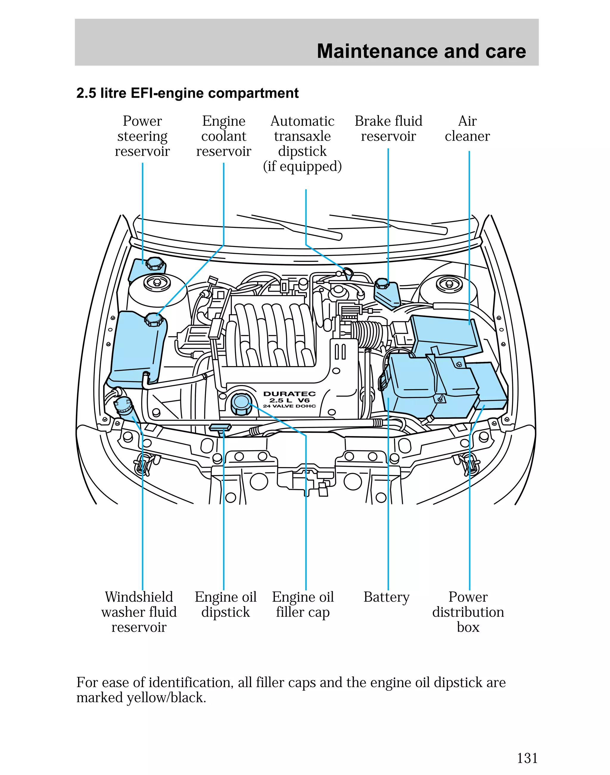 Maintenance and care 
131 
2.5 litre EFI-engine compartment 
Power 
steering 
reservoir 
Engine 
coolant 
reservoir 
Air 
cleaner 
Brake fluid 
reservoir 
Automatic 
transaxle 
dipstick 
(if equipped) 
Windshield Engine oil 
Battery 
washer fluid 
dipstick 
reservoir 
Power 
distribution 
box 
Engine oil 
filler cap 
For ease of identification, all filler caps and the engine oil dipstick are 
marked yellow/black. 
 
