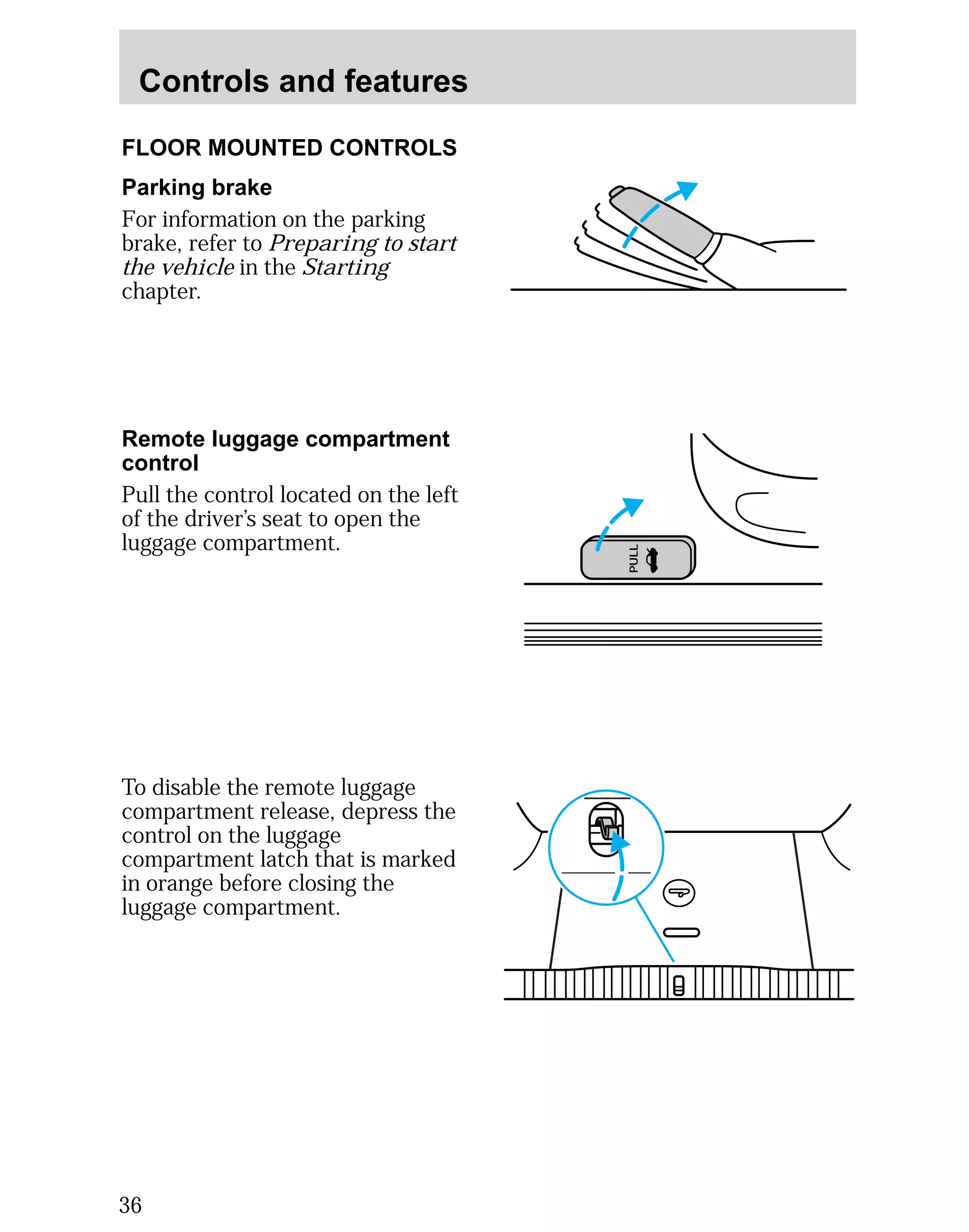 Controls and features 
FLOOR MOUNTED CONTROLS 
Parking brake 
For information on the parking 
brake, refer to Preparing to start 
the vehicle in the Starting 
chapter. 
36 
PULL 
Remote luggage compartment 
control 
Pull the control located on the left 
of the driver’s seat to open the 
luggage compartment. 
To disable the remote luggage 
compartment release, depress the 
control on the luggage 
compartment latch that is marked 
in orange before closing the 
luggage compartment. 
 
