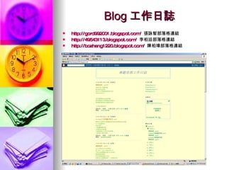 Blog 工作日誌 http://gord992001.blogspot.com/   張詠智部落格連結 http://49543113.blogspot.com/   李柏廷部落格連結 http://bozhang1220.blogspot.com/   陳柏璋部落格連結 