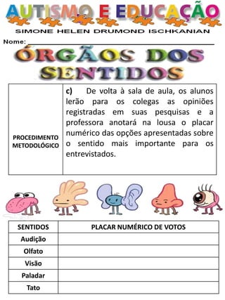 PROCEDIMENTO
METODOLÓGICO
c) De volta à sala de aula, os alunos
lerão para os colegas as opiniões
registradas em suas pesquisas e a
professora anotará na lousa o placar
numérico das opções apresentadas sobre
o sentido mais importante para os
entrevistados.
SENTIDOS PLACAR NUMÉRICO DE VOTOS
Audição
Olfato
Visão
Paladar
Tato
 