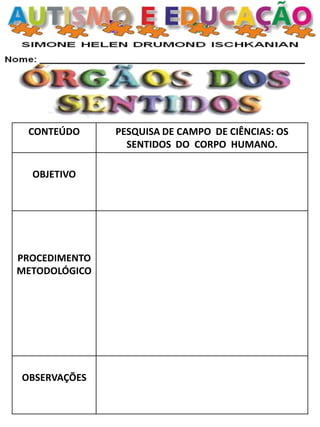 CONTEÚDO PESQUISA DE CAMPO DE CIÊNCIAS: OS
SENTIDOS DO CORPO HUMANO.
OBJETIVO
PROCEDIMENTO
METODOLÓGICO
OBSERVAÇÕES
 