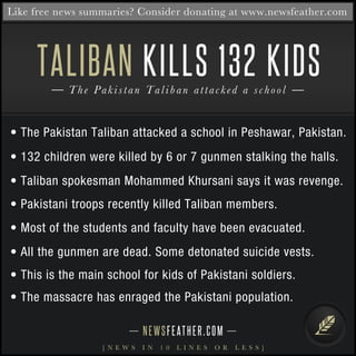 The Pakistan Taliban attacked a school
TALIBAN
NEWSFEATHER.COM
[ N E W S I N 1 0 L I N E S O R L E S S ]
KILLS 132 KIDS
• The Pakistan Taliban attacked a school in Peshawar, Pakistan.
• 132 children were killed by 6 or 7 gunmen stalking the halls.
• Taliban spokesman Mohammed Khursani says it was revenge.
• Pakistani troops recently killed Taliban members.
• Most of the students and faculty have been evacuated.
• All the gunmen are dead. Some detonated suicide vests.
• This is the main school for kids of Pakistani soldiers.
• The massacre has enraged the Pakistani population.
Like free news summaries? Consider donating at www.newsfeather.com
 