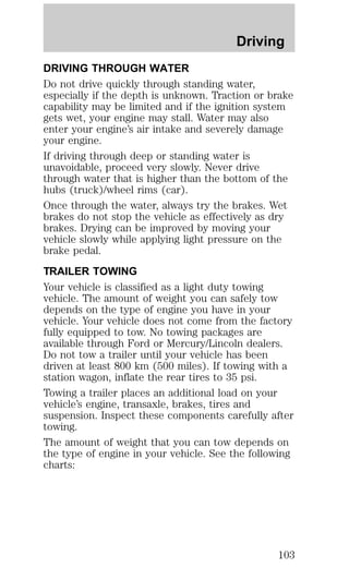 Driving 
DRIVING THROUGH WATER 
Do not drive quickly through standing water, 
especially if the depth is unknown. Traction or brake 
capability may be limited and if the ignition system 
gets wet, your engine may stall. Water may also 
enter your engine’s air intake and severely damage 
your engine. 
If driving through deep or standing water is 
unavoidable, proceed very slowly. Never drive 
through water that is higher than the bottom of the 
hubs (truck)/wheel rims (car). 
Once through the water, always try the brakes. Wet 
brakes do not stop the vehicle as effectively as dry 
brakes. Drying can be improved by moving your 
vehicle slowly while applying light pressure on the 
brake pedal. 
TRAILER TOWING 
Your vehicle is classified as a light duty towing 
vehicle. The amount of weight you can safely tow 
depends on the type of engine you have in your 
vehicle. Your vehicle does not come from the factory 
fully equipped to tow. No towing packages are 
available through Ford or Mercury/Lincoln dealers. 
Do not tow a trailer until your vehicle has been 
driven at least 800 km (500 miles). If towing with a 
station wagon, inflate the rear tires to 35 psi. 
Towing a trailer places an additional load on your 
vehicle’s engine, transaxle, brakes, tires and 
suspension. Inspect these components carefully after 
towing. 
The amount of weight that you can tow depends on 
the type of engine in your vehicle. See the following 
charts: 
103 
 