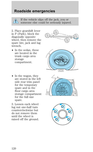 Roadside emergencies 
If the vehicle slips off the jack, you or 
someone else could be seriously injured. 
2. Place gearshift lever 
in P (Park), block the 
diagonally opposite 
wheel, then remove the 
spare tire, jack and lug 
wrench. 
² In the sedan, these 
are located in the 
trunk cargo area 
storage 
compartment. 
² In the wagon, they 
are stored in the left 
side rear trim panel 
for the temporary 
spare and in the 
floor cargo area 
storage compartment 
for the full size 
spare. 
3. Loosen each wheel 
lug nut one-half turn 
counterclockwise but 
do not remove them 
until the wheel is 
raised off the ground. 
120 
 