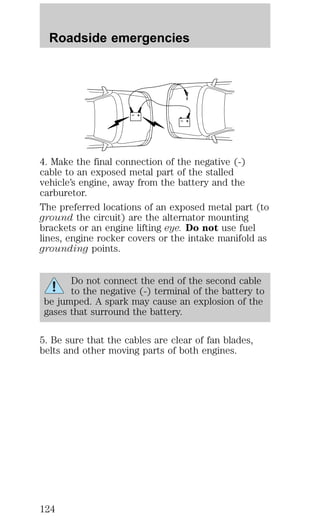 Roadside emergencies 
+ 
– 
+ 
– 
4. Make the final connection of the negative (-) 
cable to an exposed metal part of the stalled 
vehicle’s engine, away from the battery and the 
carburetor. 
The preferred locations of an exposed metal part (to 
ground the circuit) are the alternator mounting 
brackets or an engine lifting eye. Do not use fuel 
lines, engine rocker covers or the intake manifold as 
grounding points. 
Do not connect the end of the second cable 
to the negative (-) terminal of the battery to 
be jumped. A spark may cause an explosion of the 
gases that surround the battery. 
5. Be sure that the cables are clear of fan blades, 
belts and other moving parts of both engines. 
124 
 