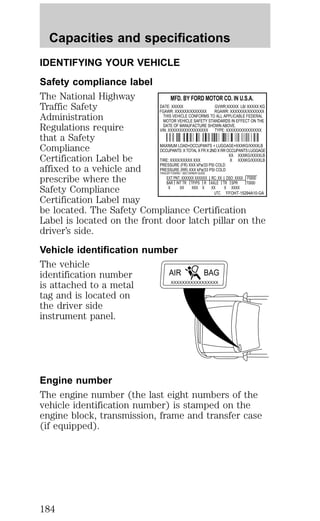 Capacities and specifications 
IDENTIFYING YOUR VEHICLE 
Safety compliance label 
The National Highway 
MFD. BY FORD MOTOR CO. IN U.S.A. 
Traffic Safety 
DATE: XXXXX GVWR:XXXXX LB/ XXXXX KG 
Administration 
FGAWR: XXXXXX/XXXXXXX RGAWR: XXXXXXX/XXXXXXX 
THIS VEHICLE CONFORMS TO ALL APPLICABLE FEDERAL 
MOTOR VEHICLE SAFETY STANDARDS IN EFFECT ON THE 
Regulations require 
DATE OF MANUFACTURE SHOWN ABOVE. 
VIN: XXXXXXXXXXXXXXXXX TYPE: XXXXXXXXXXXXXXX 
that a Safety 
Compliance 
MAXIMUM LOAD=OCCUPANTS + LUGGAGE=XXXKG/XXXXLB 
OCCUPANTS: X TOTAL X FR X 2ND X RR OCCUPANTS LUGGAGE 
Certification Label be 
XX XXXKG/XXXXLB 
TIRE: XXXX/XXXXX XXX X XXXKG/XXXXLB 
affixed to a vehicle and 
PRESSURE (FR) XXX kPa/33 PSI COLD 
PRESSURE (RR) XXX kPa/33 PSI COLD 
prescribe where the 
TRAILER TOWING - SEE OWNER GUIDE 
EXT PNT: XXXXXX XXXXXX RC: XX DSO: XXXX F0000 
BAR INT TR TP/PS R AXLE TR SPR T0000 
Safety Compliance 
X XX XXX X XX X XXXX 
UTC ÑFOHT-15294A10-GA 
Certification Label may 
be located. The Safety Compliance Certification 
Label is located on the front door latch pillar on the 
driver’s side. 
Vehicle identification number 
The vehicle 
identification number 
AIR BAG 
is attached to a metal 
XXXXXXXXXXXXXXXXX 
tag and is located on 
the driver side 
instrument panel. 
Engine number 
The engine number (the last eight numbers of the 
vehicle identification number) is stamped on the 
engine block, transmission, frame and transfer case 
(if equipped). 
184 
 