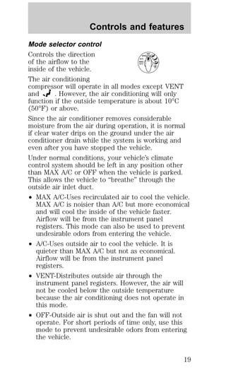 Controls and features 
Mode selector control 
Controls the direction 
OFF 
VENT 
of the airflow to the 
A/C 
MAX 
A/C 
inside of the vehicle. 
The air conditioning 
compressor will operate in all modes except VENT 
and . However, the air conditioning will only 
function if the outside temperature is about 10°C 
(50°F) or above. 
Since the air conditioner removes considerable 
moisture from the air during operation, it is normal 
if clear water drips on the ground under the air 
conditioner drain while the system is working and 
even after you have stopped the vehicle. 
Under normal conditions, your vehicle’s climate 
control system should be left in any position other 
than MAX A/C or OFF when the vehicle is parked. 
This allows the vehicle to “breathe” through the 
outside air inlet duct. 
² MAX A/C-Uses recirculated air to cool the vehicle. 
MAX A/C is noisier than A/C but more economical 
and will cool the inside of the vehicle faster. 
Airflow will be from the instrument panel 
registers. This mode can also be used to prevent 
undesirable odors from entering the vehicle. 
² A/C-Uses outside air to cool the vehicle. It is 
quieter than MAX A/C but not as economical. 
Airflow will be from the instrument panel 
registers. 
² VENT-Distributes outside air through the 
instrument panel registers. However, the air will 
not be cooled below the outside temperature 
because the air conditioning does not operate in 
this mode. 
² OFF-Outside air is shut out and the fan will not 
operate. For short periods of time only, use this 
mode to prevent undesirable odors from entering 
the vehicle. 
19 
 
