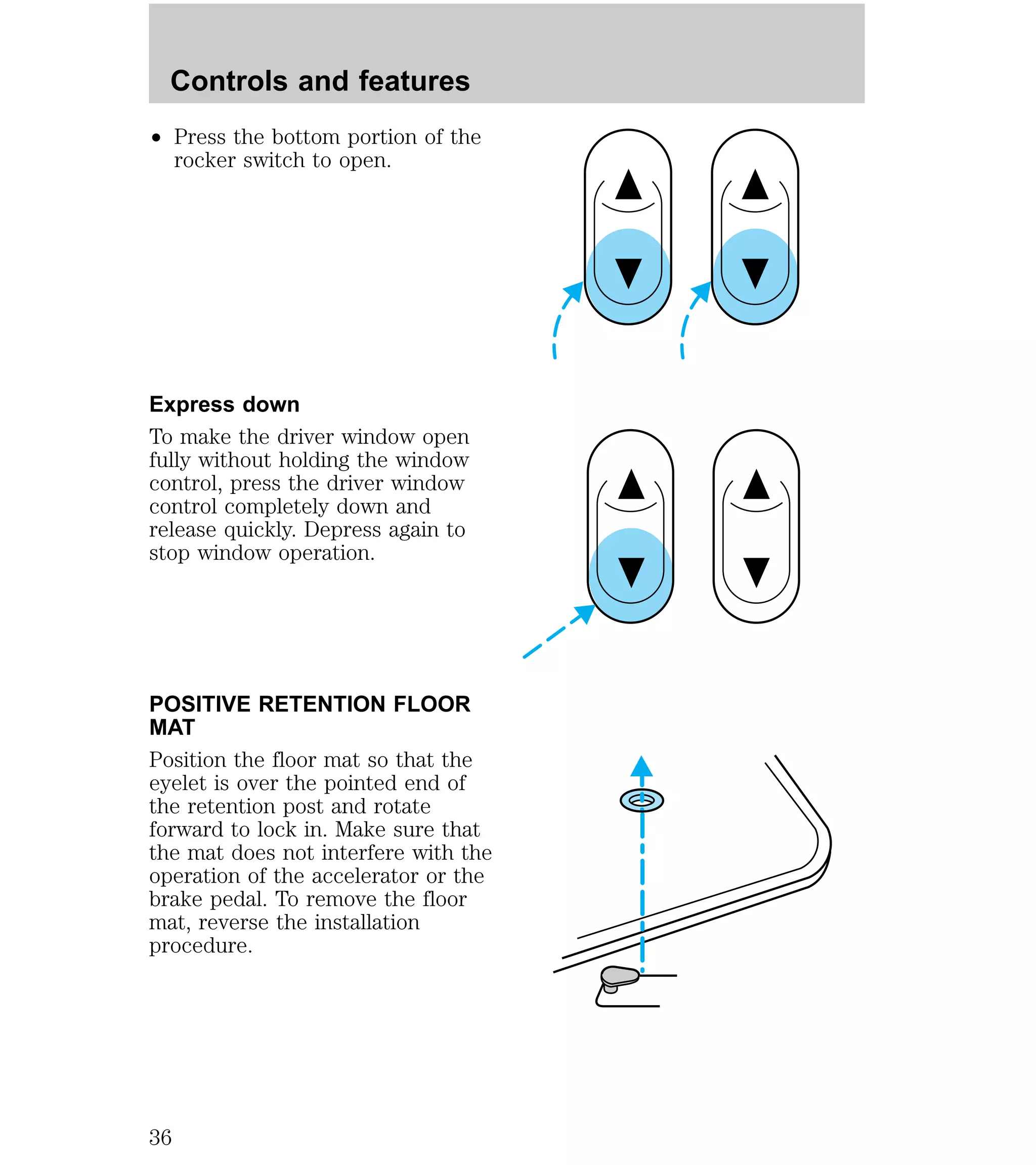 Controls and features 
² Press the bottom portion of the 
rocker switch to open. 
Express down 
To make the driver window open 
fully without holding the window 
control, press the driver window 
control completely down and 
release quickly. Depress again to 
stop window operation. 
POSITIVE RETENTION FLOOR 
MAT 
Position the floor mat so that the 
eyelet is over the pointed end of 
the retention post and rotate 
forward to lock in. Make sure that 
the mat does not interfere with the 
operation of the accelerator or the 
brake pedal. To remove the floor 
mat, reverse the installation 
procedure. 
36 
 