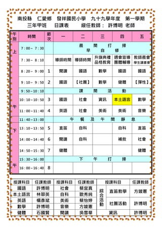 南投縣 仁愛鄉 發祥國民小學 九十九學年度 第一學期
      三年甲班 日課表   級任教師： 許博明 老師
午                 節
       時間              一         二              三           四       五
別                 次
                                 晨       間          打       掃
    7：00～ 7：30
                                     早          自       修
上




                                         升旗典禮 週會宣導 教師晨會
    7：30～ 8：10        導師時間 導師時間
                                         品格教育 團體輔導 學生讀書會

    8：20～ 9：00    １    閱讀       國語            數學         國語         國語

    9：10～ 9：50    ２    國語       【社團】          數學         健體     【彈性】

    9：50～10：10                   課       間          活       動

    10：10～10：50   ３    國語       社會            資訊        本土語言        數學
午




    11：00～11：40   ４    英語       社會            美術         美術         音樂

    11：40～13：00             午    餐    及         午    間      靜   息

    13：10～13：50   ５    直笛       自科                       自科         直笛
下




    14：00～14：40   ６    閱讀       自科                       補救         社會

    14：50～15：30   ７    健體                                           健體

    15：30～16：00                  下       午          打       掃
午




    16：00～16：40   ８


授課科目      任課教師        授課科目      任課教師                授課科目        任課教師
 國語         許博明        社會        蔡宜真
                                             動活合綜




                                                     直笛教學       方竣憲
本土語言        林翠英        自科        歐秀純
 英語         楊彥斌        美術        蔡怡婷
                                                     社團活動       許博明
 數學         許博明        音樂        方竣憲
 健體         石國賢        閱讀        吳雪華                資訊          許博明
 