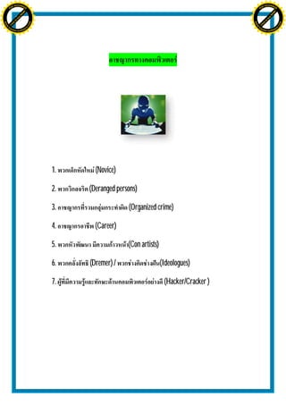 H                                                                                                H
               F-XC A N GE                                                                                      F-XC A N GE
          PD                                                                                               PD




                             !




                                                                                                                              !
                           W




                                                                                                                            W
                         O




                                                                                                                          O
                        N




                                                                                                                         N
                     y




                                                                                                                      y
                   bu




                                                                                                                    bu
                to




                                                                                                                 to
ww




                                                                                                 ww
                                    om




                                                                                                                                     om
               k




                                                                                                                k
       lic




                                                                                                        lic
      C




                                                                                                       C
                                   .c




                                                                                                                                    .c
 w




                                                                                                  w
     tr                            re                                                                 tr                            re
     .




                                                                                                      .
          ac                                                                                               ac
               k e r- s o ft w a                                                                                k e r- s o ft w a




                                         1.     (Novice)

                                         2.   (Deranged persons)

                                         3.                 (Organized crime)

                                         4.     (Career)

                                         5.                 (Con artists)

                                         6.   (Dremer) /                    (Ideologues)

                                         7.                                  (Hacker/Cracker )
 