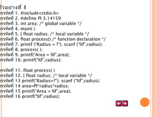 ตัว อย่า งที่ 1

บรรทัดที่
บรรทัดที่
บรรทัดที่
บรรทัดที่
บรรทัดที่
บรรทัดที่
บรรทัดที่
บรรทัดที่
บรรทัดที่
บรรทัดที่

1. #include<stdio.h>
2. #define PI 3.14159
3. int area; /* global variable */
4. main( )
5. { float radius; /* local variable */
6. float process() /* function declaration */
7. printf (“Radius = ?”); scanf (“%f”,radius);
8. process( );
9. printf(“Area = %f”,area);
10. printf(“%f”,radius);

บรรทัดที่
บรรทัดที่
บรรทัดที่
บรรทัดที่
บรรทัดที่
บรรทัดที่

11. float process( )
12. { float radius; /* local variable */
13 printf(“Radius=?”); scanf (“%f”,radius);
14 area=PI*radius*radius;
15 printf(“Area = %f”,area);
16 printf(“%f”,radius);

 