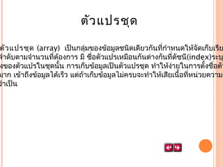 ตัว แปรชุด

ตัว แปรชุด  (array)  เป็นกลุ่มของข้อมูลชนิดเดียวกันที่กำำหนดให้จัดเก็บเรีย
ลำำดับตำมจำำนวนที่ต้องกำร มี ชื่อตัวแปรเหมือนกันต่ำงกันที่ดัชนี(index)ระบ
งของตัวแปรในชุดนั้น กำรเก็บข้อมูลเป็นตัวแปรชุด ทำำให้งำยในกำรตั้งชื่อตัว
่
มำก เข้ำถึงข้อมูลได้เร็ว แต่ถ้ำเก็บข้อมูลไม่ครบจะทำำให้เสียเนื้อที่หน่วยควำมจ
จำำเป็น

 