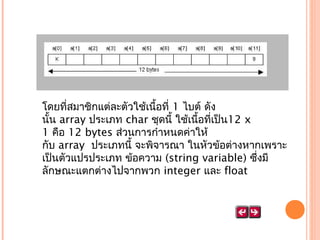 โดยที่สมาชิกแต่ละตัวใช้เนือที่ 1 ไบต์ ดัง
้
นั้น array ประเภท char ชุดนี้ ใช้เนื้อที่เป็น12 x
1 คือ 12 bytes ส่วนการกำาหนดค่าให้
กับ array  ประเภทนี้ จะพิจารณา ในหัวข้อต่างหากเพราะ
เป็นตัวแปรประเภท ข้อความ (string variable) ซึ่งมี
ลักษณะแตกต่างไปจากพวก integer และ float
 

 