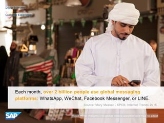Each month, over 2 billion people use global messaging
platforms: WhatsApp, WeChat, Facebook Messenger, or LINE.
Source: M...