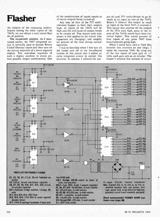 Flasher
the outputs of the remaining multivi-
brators among the other inputs of the
7447s, we can obtain a well mixed final
set of patterns.
The six-percent solution. As I men-
tioned .earlier, the 7447 integrated cir-
cuit is normally used to decode Binary
Coded Decimal inputs and then turn on
the correct segments of a seven segment
display. The individual segments of
such a display combine to create six-
teen possible output combinations. One
of the combinations of inputs results in
all seven outputs being turned off.
Any time all four of the 555 multi-
vibrators happen to have their outputs
high, all inputs of the 7447s will be
high and this will cause all output lamps
to be turned off. This occurs each time
power is first applied to the circuit (the
capacitors are charging) and roughly
six percent of the time during normal
operation.
I was so horrified when I first saw all
the lamps turn off in my breadboard
version of this circuit that I added an
extra integrated circuit to correct this
situation. In essence. I allowed the out-
put of each 555 multivibrator to go di-
rectly to an input on two of the 7447s.
Before I allowed this output to reach
an input of the third 7447, I inverted it.
This meant that anytime all the outputs
of the 555s went high, some of the in-
puts of the 7447s would have lows (in-
verted highs). This would prevent all
four inputs of any given 7447 from
simultaneously going high.
While I could have used a 7404 Hex
Inverter (six inverters on one chip), I
chose the common 7400. By tying one
of the two inputs of each gate to +5
volts, each gate acts as an inverter. The
reason I selected this method of invert-
-
+5 VOLTS
RI
10,000
R2
220,000
R3
470,000
1 1 = C6
6
IC-I
2
VCC
+5 VOLTS
4
CI
22 T
R4
10,000
R5
470,000
R6
470,000
C2
2.2 2`
R7
10,000
R8
1,000,000
6
2
IC 2
t1
1
1
+5 VOLTS
C7
7
IC-74 I
VCC
+ 5VOLTS
R9
100,000
C3
22 T
RIO
10,000
---4
7
6
IC-3
2
+5 VOLTS
C8
I C-7B
RI I
1,000,000
C4
22
6
IC-4
2
I
+5VOLTS
-T-C9 TCIO
5 6
IC-7C
PARTS LIST FOR FRIENDLY FLASHER
Cl, C2, C3, C4-2.2 -uF, 35-volt Tantalum ca-
pacitor
C5- 100-uF, 50-volt electrolytic capacitor
C6, C7, C8, C9, C10, C11, C12, C13-0.1 -uF,
10-volt disc capacitor
CR-1 -Full-wave bridge rectifier, 1.5-amp, 50-
volts
IC-1, IC -2, IC -3, IC-4 -555 Timer
IC -5, IC -6, IC-8 -7447 BCD to seven segment
decoder /driver
IC-1 -7400 (A package) quadruple 2 -input posi-
IC-70
tive NAND gate
LED-1 through LED-20- select on basis of
color, size and price
REG -1 -Type 7800, 5 -volt, 1- ampere regulator
R1, R4, R7, R10-10,000 -ohm, 1/2-watt resistor
R2-220,000 -ohm, 1/2 -watt resistor
R3, R5, R6-470,000 -ohm, 1/2 -watt resistor
R8, R11- 1-megohm, 1/2-watt-resistor
R9-100,000 -ohm, 1/2-watt resistor
R12 through R32-220-ohm, 1/2-watt resistor
S-1 -SPST slide switch
=C11
I6
IC -5
6
15
14.
R 18 220
R17
RI6
RIS
2
R14
R13
7
e
9 R12
R25
I VCC
f
_L C12
T
5
14 MR24
MR23
2
IC-6
6
7
12
R22
vv..
R21
R20
,,R19
2
6
-7
= -4-p VOLTS
=C13
+5 VOLTS
LED -7
»LED
-6
LED -
LED -4
NLED -3
NLED -2
**LED-I
04LED-14
**LED-13
N LED-I2
LED-11
LED-10
**LED- 9*
NLED-8
5 NW NLED -20
14I vv,R31
"LED
-19
3
R30 LED -18
R29 1
R28 LED
LED
-16
7
R27 N LED- 15_
R26
I C-8 12
II
10
9
Tl-Sn-all 12.6-VAC filament transformer
Misc-Cabinet 61/4 in. by 23/4 in. by 71/4 in.
assorted machine nuts and screws; wire
caps; power cord; scrap metal for heatsink;
grommet; circuit board standoffs and paint.
Need components? HOBBY MART has
them-see page 88.
112 99 IC PROJECTS 1979
 