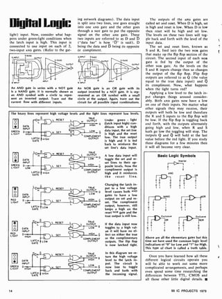 ugha Luc
light) input. Now, consider what hap-
pens under green-light conditions when
the latch input is high. This input is
connected to one input on each of 2,
two-input AND gates. (Refer to the gat-
ing network diagrams). The data input
is split into two lines, one goes straight
into one AND gate and the other goes
through a NOT gate to put the opposite
signal on the other AND gate. These
two inputs are referred to as D and D
( "data bar" is how "D" is said), D
being the data and D being its opposite
or compliment.
AINPUT SVDC
An AND gate in series with a NOT gate
is a NAND gate. It is normally shown as
an AND symbol with a circle to repre-
sent an inverted output. Trace out the
current flow with different inputs.
INPUT
An NOR gate is an OR gate with its
output inverted by a NOT gate. It is rep-
resented as an OR symbol with a small
circle at the output. Again, trace out the
circuit for all possible input combinations.
The heavy lines represent high voltage levels
DLD L
H
O
GREEN
LIGHT
DATA
INPUT
D
HIGH
O
DATA
INPUT
GREEN
LIGHT
D
LOW
O
O DATA
INPUT
RED
LIGHT
O
O
RED
LIGHT
nO
GREEN
LIGHT
D LOW
LATCH
GATE
rH
HIGH
H
DATA
INPUT
D
HIGH
DATA
INPUT
DHGH
LATCH
GATE
Ñ
LATCH
GATE
RESET
H SET
H lH
H
HIGH
L
and the light lines represent low levels.
TRUE
OUTPUT
0
RESET
L SET
L RESET
.-1L
) L SET
L
LOW
H D
L RESET
L J
LATCH
GATE
L SET
LOW
L
HIGH
LOW Q
COMPLEMENT
OUTPUT
TRUE
OUTPUT
LOW 0
HIGH
0
L HCOMPLEMENT
OUTPUT
TRUE
L OUTPUT
O
LOW
l1 HIGH
LL COMPLEMENT
OUTPUT
TRUE
L OUTPUT
L > L RESET
LM
LATCH
G ATE
f7 H SET
HIGH
H
COMPLEMENT
OUTPUT
TRUE
H OUTPUT
HIGH
LOW
-
L
Under green - light
(latch input high) con-
ditions with a high
data input, the set line
is high and the reset
low. The true output
is high and it is fed
back to reinforce the
set line's data input.
A low data input will
toggle the set and re-
set lines to their op-
posite levels. Now the
compliment output is
high and it reinforces
the reset line.
Changing the latch in-
put to a low voltage
level causes both AND
gates to have a low
output on set and re-
set. The compliment
output, however, still
keeps a high on the
reset NOR gate and the
true output is still low.
If the data input now
toggles to a high val-
ue it will have no ef-
fect on either the true
or the complimentary
outputs. The flip flop
is now latched tight.
In this diagram we re-
turn the high voltage
level to the latch in-
put. The circuit is
now free to toggle
COMPLEMENT back and forth with
the incoming signal.
OUTPUT
14
The outputs of the AND gates are
called set and reset. When D is high, set
is high and reset is low. When D is low
then reset will be high and set low.
The levels on these two lines will tog-
gle hack and forth with the level of the
input data.
The set and reset lines, known as
S and R, feed into the two NOR gates
that make up the flip flop section of the
circuit. The second input of each NOR
gate is fed by the output of the
other NOR gate. As the levels on the
S and R inputs change then so changes
the output of the flip flop. Flip flop
outputs are referred to as Q (the value
equal to the true data input) and Q
its compliment. Now, what happens
when the light turns red?
Applying a low level to the latch in-
put changes things around consider-
ably. Both AND gates now have a low
on one of their inputs. No matter what
other signals they may receive, their
outputs will both be low and therefore
the R and S inputs to the flip flop will
he low. If the flip flop is toggling back
and forth, with the outputs alternately
going high and low, when R and S
both go low the toggling will stop. The
outputs Q and Q will hold at the last
value before the red light. If you study
these diagrams for a few minutes then
it will all become very clear.
Basic Logic Symbols
r
0
¡-
AND
I rLJ I
00
1 0
0 1
1
o 1
o 1
o 1 1
1 1 0
o
o
o
Exclusive
OR
0 0 o
l 0 1
0 1 I
1 1
0
Inverter
1
0
o
0
o
o
0 0 1
1 0 0
0 1 0
1 1 0
Exclusive
NOR
0
Above are all the elementary gates but this
time we have used the common logic level
indications of "0" for Low and "1" for High.
This type of chart is called a truth table.
Once you have learned how all these
different logical circuits operate you
will he able to work out some more
complicated arrangements, and perhaps
even spend some time researching the
differences between TTL, CMOS and
all those other little digital details.
99 IC PROJECTS 1979
 