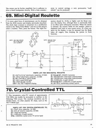 The output can be further amplified, but is sufficient to ation in control settings, a very provocative "wolf
drive a small loudspeaker directly. With a little consider- whistle" can be produced!
69. Mini-Digital Roulette
A more adult form of entertainment can be obtained
from the 4026 counter and display previously described.
The clock input terminal is connected via a pushbutton
switch to the "Basic Pulse Maker" and two to nine players
select a number. Then, press the button. The input fre-
NOTE: USE ONE DRIVER
(01 -7) FOR EACH
LED ELEMENT
ICIO ICIb ICIc
I 5
4 8 10 12 14
} 13
2 6 17 9
ICId
+6V
quency should be 10-Hz or higher and the Reset may
zero the display first, although there is statistically little
or no effect upon subsequent outcomes. When the switch
is released, the counter holds on one number, which is
displayed until reset or new counts arrive. If a Zero ap-
pears on the display, it may be assumed that the Bank
takes all wagers, thus keeping the system in fresh
batteries.
NOTE: GROUND PINS
3,5,9,14 OF
LED I
RIY
FREQUENCY
CI R3
II
+6V 0
R2
C2
TIME
IC2
16
15
RESET a PLAY
D-
SI
14
DI
jS2
D2 I RESET
PARTS LIST FOR MINI-DIGITAL ROULETTE
C1 -0.47 to 2.2-uF electrolytic capacitor, 15 VDC
C2- 100 -uF electrolytic capacitor, 15 VDC
D1, D2- 1N4148 or 1N914 diode
IC1 -4011 quad NAND gate
1C2-4026 decade counter
LED 1 -DL-750 7-segment display
R4
+6V
01-7
Q1 through Q7- 2N4401 transistor
R1-500-000-ohm linear-taper potentiometer
R2- 100,000-ohm linear-taper potentiometer
R3- 10,000-ohm, 1/2-watt resistor
R4 through R11-1,000-ohm, 1/2 -watt resistor
S1, S2-SPST momentary- contact switch
r R5 -II
TO DISPLAY
SEGMENTS
A-G
OF LED!
70. Crystal-Controlled TTL
This inexpensive color-TV crystal of approximately
3.58 MHz can readily be persuaded to oscillate in the
following 7404 circuit. The resultant waveform can be
divided down, via other popular IC chips, such as the
4017 CMOS type.
PARTS LIST FOR CRYSTAL-CONTROLLED TTL
C1 -75-pF mica capacitor, 15 VDC
C2-0.01 -uF ceramic capacitor, 15 VDC
IC1 -7404 hex inverter
R1-1,000 -ohm, 1/2-watt resistor
XTAL-3.58 MHz crystal (color TV carrier type)
CI
Ho
RI
-±-ICIà
XTAL
2 3
ICIb ICIc
7
6
-ICId
ICIe
13ICf
T
C2 / 14
o+SVDC
o RF OUT
99 IC PROJECTS 1979 51
 