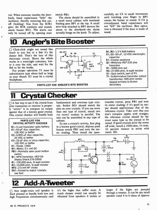 tial. When someone touches the door-
knob, hand capacitance "kills" the
oscillator, thereby removing that cut-
off (holding) bias from the SCR1
gate; the SCR conducts and sounds
alarm buzzer BU1. The alarm can
only be turned off by opening reset
switch PB 1.
The alarm should be assembled in
a small metal cabinet with insulated
binding post BP1 at the top. A small
wire loop attached to BP1 secures the
alarm to the doorknob-the alarm
actually hangs on the knob. To adjust,
carefully set C4 in small increments
until touching your finger to BP1
causes the buzzer to sound. If C4 is
overadjusted, hand capacitance will
not "kill" the oscillator. Best opera-
tion is obtained if the door is made of
wood.
10 Angler's Bite Booster
Click-click might not sound like
much to you but to a fish it's the
dinner bell. That's the lure of this
electronic circuit. Shove the whole
works in a watertight container, low-
er it over the side, and wait for the
fish to hit the hooks.
For proper operation T1 must be
subminiature type about half as large
as your thumb. El must be a crystal
headphone.
ON-OFF
SI BI B2
6_11_1
C2
CI
PARTS LIST FOR ANGLER'S BITE BOOSTER
B1, B2 -1.5-V AAA battery
Cl, C2-50-uF, 12-VDC electrolytic
capacitor
El-Crystal earphone
Q1-Motorola HEP-230 pnp
transistor
R1-5000-ohm pot
R2-27,000 -ohm, 1/4-watt resistor
Sl -Spst switch, part of R1
T1-Subminiature transistor output
transformer; 500-ohm center
tapped primary to 8-ohm
secondary
11 Crystal Checker
A fast way to see if the crystal from
your transmitter or receiver is proper-
ly "active" is to compare its output
against that of a known good crystal.
This crystal checker will handle both
PARTS LIST FOR
CRYSTAL ACTIVITY CHECKER
B1 -9-volt transistor radio battery
C1 -50-pF disc capacitor,
100 VDC or better
C2-0.005-uF disc capacitor,
25 VDC or better
C3 -33-pF disc or mica capacitor,
100 VDC or better
Dl- Diode, 1N60
M1-Meter, 0 -1 mA DC
PB1- Normally open push button
switch
Q1 -NPN transistor, HEP-50
(Radio Shack 276-2009)
R1- 100,000-ohm, 1/2-watt resistor
R2- 10,000-ohm, 1/2-watt resistor
RFC- 2.5-mH RF choke
S01- Socket to match crystals,
see text
fundamental and overtone type crys-
tals. Socket SO1 should match the
pins on your crystals. If you use more
than one type of crystal, install two
(or more) sockets in parallel. The
unit can be assembled in any type of
cabinet.
To test a crystal's activity, first plug
in a known good crystal, depress push
button switch PB1 and note the me-
ter reading. Then install the ques-
tionable crystal, press PB 1 and note
its meter reading; if it's good its out-
put should approximate that of the
reference crystal. Take care that you
don't compare apples with oranges;
the reference crystal should be the
exact same type as the crystal to be
tested. If good crystals drive the meter
off scale, install a 1000-ohm, 1/2-watt,
10 percent resistor in series with
meter Ml.
RI
10OK
12 Add-A-Tweeter
Any single-voice coil speaker is
hard pressed to handle both low and
high frequencies simultaneously-and
99 IC PROJECTS 1979
it's the highs that suffer most. A
much cleaner sound can usually be
obtained from speakers 6 inches or
larger if the highs are pumped
through a tweeter. It can be any small
speaker rated 4 to 6 ohms of approx-
71
 