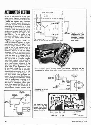 ALTERNATOR TESTER
as well as the connection to the alter-
nator output (battery) terminal where
the ripple measurement is to be made.
About the Circuit. The Alternator
Tester is basically a peak detector cir-
cuit which responds to the peak-to-peak
value of an AC voltage fed to its input
terminal. Power to operate the circuit
is derived from the output of the al-
ternator on the same lead which feeds
the ripple voltage to the input of the
peak detector. The DC output of the
alternator is blocked by Cl, which al-
lows only the ripple voltage to pass
through.
Operational amplifier ICIA and
ICIB are connected together to form a
peak detector circuit. The ripple voltage
from the output terminal of the alter-
nator is fed to the positive input of
¡CIA after the DC voltage of the al-
ternator is blocked by Cl. Dl clamps
the ripple voltage to ground, so that it
varies between zero and some positive
value. Op amp ICIA charges C4 to
the peak value of the ripple voltage.
Op amp ICIB is a voltage follower
which feeds back the peak value of the
ripple voltage to the negative input of
ICIA. This stabilizes the circuit so that
the voltage appearing at the output of
ICIB holds to the peak-to -peak value
of the ripple voltage fed to the input
of ¡CIA. Capacitor C4 is prevented
from discharging through ICIA by D2,
and can discharge only through R4 at a
rate much slower than the ripple fre-
quency of the alternator. This holds the
meter reading constant between voltage
peaks of the alternator. Amplifier IC1C
has an adjustable gain of slightly more
than unity to compensate for the slight
error (loss) caused by D2, as well as
providing a means for calibration of
the instrument. Voltage follower ICID
a
CAR
BATTERY =
BATTERY
TERMINAL
STARTER
SOLENOID
FIELD
TERMINAL
ALTERNATOR
ALTERNATOR
TESTER
90
CAR REGULATOR
1- 0- -0- -Q
1 GND
rV--V
II
BRUSHES
F2
FIELD
(ROTATING)
STATOR
DIODES I
ILT
141
II CAR
BATTERY
FULL-WAVE
ALTERNATOR
RECTIFIER
BRIDGE
Typical automotive
charging circuit. Latest
model alternators have
solid-state regulator
circuit built into alter-
nator frame.
Alternator Tester opened, showing printed circuit board. Comparison with this
early version of printed circuit board reveals improvements made by the editors.
Calibration of the Al-
ternator Tester.
This shows the parts
placement on the
printed circuit board.
Shown larger than ac-
tual size for clarity.
115 VAC
60 HZ
TI 6
VAC
12V +
CAR =
BATTERY
A
con e
.L.
(VOMI
/
r
ALTERNATOR
TESTER
RED
WIRE
INPUT
BLACK
WIRE
RED
JACK
99 IC PROJECTS 1979
 