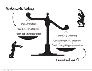 Risks worth tackling



                            Slow computers

                         Customer availability

                        Team not sitting together
                                                         Economy cratering

                                                     Company getting acquired

                                                    Customer getting a promotion




                                                       Those that aren’t

Monday, 13 August, 12
 