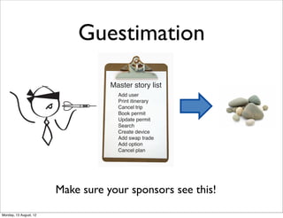 Guestimation

                                   Master story list
                                     Add user
                                     Print itinerary
                                     Cancel trip
                                     Book permit
                                     Update permit
                                     Search
                                     Create device
                                     Add swap trade
                                     Add option
                                     Cancel plan




                        Make sure your sponsors see this!
Monday, 13 August, 12
 