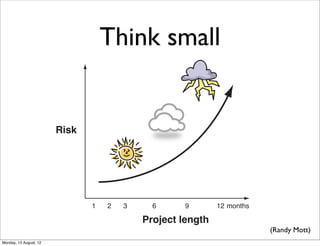 Think small


                        Risk




                               1   2   3     6      9       12 months

                                           Project length
                                                                        (Randy Mott)
Monday, 13 August, 12
 