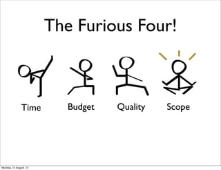 The Furious Four!



               Time        Budget   Quality   Scope




Monday, 13 August, 12
 