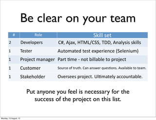Be clear on your team
            #                    Role                                Skill  set
        2               Developers           C#,  Ajax,  HTML/CSS,  TDD,  Analysis  skills
        1               Tester              Automated  test  experience  (Selenium)
        1               Project  manager Part  Bme  -­‐  not  billable  to  project
        1               Customer            Source  of  truth.  Can  answer  quesBons.  Available  to  team.

        1               Stakeholder         Oversees  project.  UlBmately  accountable.


                           Put anyone you feel is necessary for the
                              success of the project on this list.

Monday, 13 August, 12
 