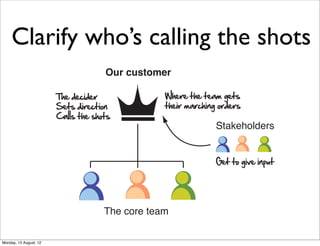 Clarify who’s calling the shots
                                     Our customer

                        The decider              Where the team gets
                        Sets direction           their marching orders
                        Calls the shots
                                                               Stakeholders


                                                               Get to give input




                                     The core team

Monday, 13 August, 12
 