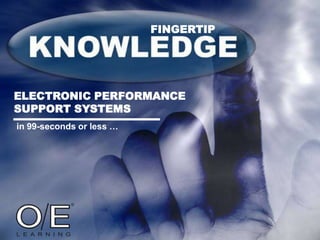 FINGERTIP




ELECTRONIC PERFORMANCE
SUPPORT SYSTEMS
in 99-seconds or less …
 