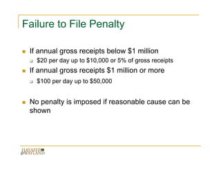 Failure to File Penalty

 If annual gross receipts below $1 million
   $20 per day up to $10,000 or 5% of gross receipts
 If annual gross receipts $1 million or more
   $100 per day up to $50,000


 No penalty is imposed if reasonable cause can be
 shown
 