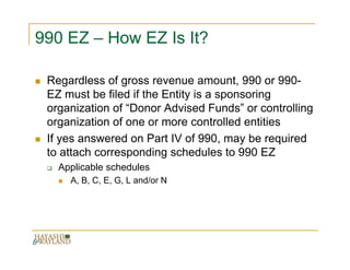 990 EZ – How EZ Is It?

 Regardless of gross revenue amount, 990 or 990-
 EZ must be filed if the Entity is a sponsoring
 organization of “Donor Advised Funds” or controlling
 organization of one or more controlled entities
 If yes answered on Part IV of 990, may be required
 to attach corresponding schedules to 990 EZ
   Applicable schedules
     A, B, C, E, G, L and/or N
 