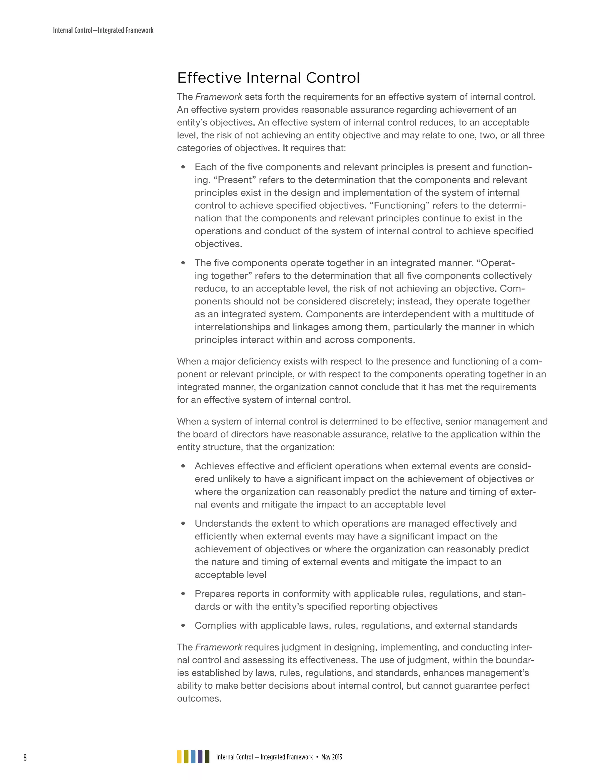Internal Control—Integrated Framework
Effective Internal Control
The Framework sets forth the requirements for an effective system of internal control.
An effective system provides reasonable assurance regarding achievement of an
entity’s objectives. An effective system of internal control reduces, to an acceptable
level, the risk of not achieving an entity objective and may relate to one, two, or all three
categories of objectives. It requires that:
•• Each of the five components and relevant principles is present and function-
ing. “Present” refers to the determination that the components and relevant
principles exist in the design and implementation of the system of internal
control to achieve specified objectives. “Functioning” refers to the determi-
nation that the components and relevant principles continue to exist in the
operations and conduct of the system of internal control to achieve specified
objectives.
•• The five components operate together in an integrated manner. “Operat-
ing together” refers to the determination that all five components collectively
reduce, to an acceptable level, the risk of not achieving an objective. Com-
ponents should not be considered discretely; instead, they operate together
as an integrated system. Components are interdependent with a multitude of
interrelationships and linkages among them, particularly the manner in which
principles interact within and across components.
When a major deficiency exists with respect to the presence and functioning of a com-
ponent or relevant principle, or with respect to the components operating together in an
integrated manner, the organization cannot conclude that it has met the requirements
for an effective system of internal control.
When a system of internal control is determined to be effective, senior management and
the board of directors have reasonable assurance, relative to the application within the
entity structure, that the organization:
•• Achieves effective and efficient operations when external events are consid-
ered unlikely to have a significant impact on the achievement of objectives or
where the organization can reasonably predict the nature and timing of exter-
nal events and mitigate the impact to an acceptable level
•• Understands the extent to which operations are managed effectively and
efficiently when external events may have a significant impact on the
achievement of objectives or where the organization can reasonably predict
the nature and timing of external events and mitigate the impact to an
acceptable level
•• Prepares reports in conformity with applicable rules, regulations, and stan-
dards or with the entity’s specified reporting objectives
•• Complies with applicable laws, rules, regulations, and external standards
The Framework requires judgment in designing, implementing, and conducting inter-
nal control and assessing its effectiveness. The use of judgment, within the boundar-
ies established by laws, rules, regulations, and standards, enhances management’s
ability to make better decisions about internal control, but cannot guarantee perfect
outcomes.
Internal Control — Integrated Framework • May 20138
 
