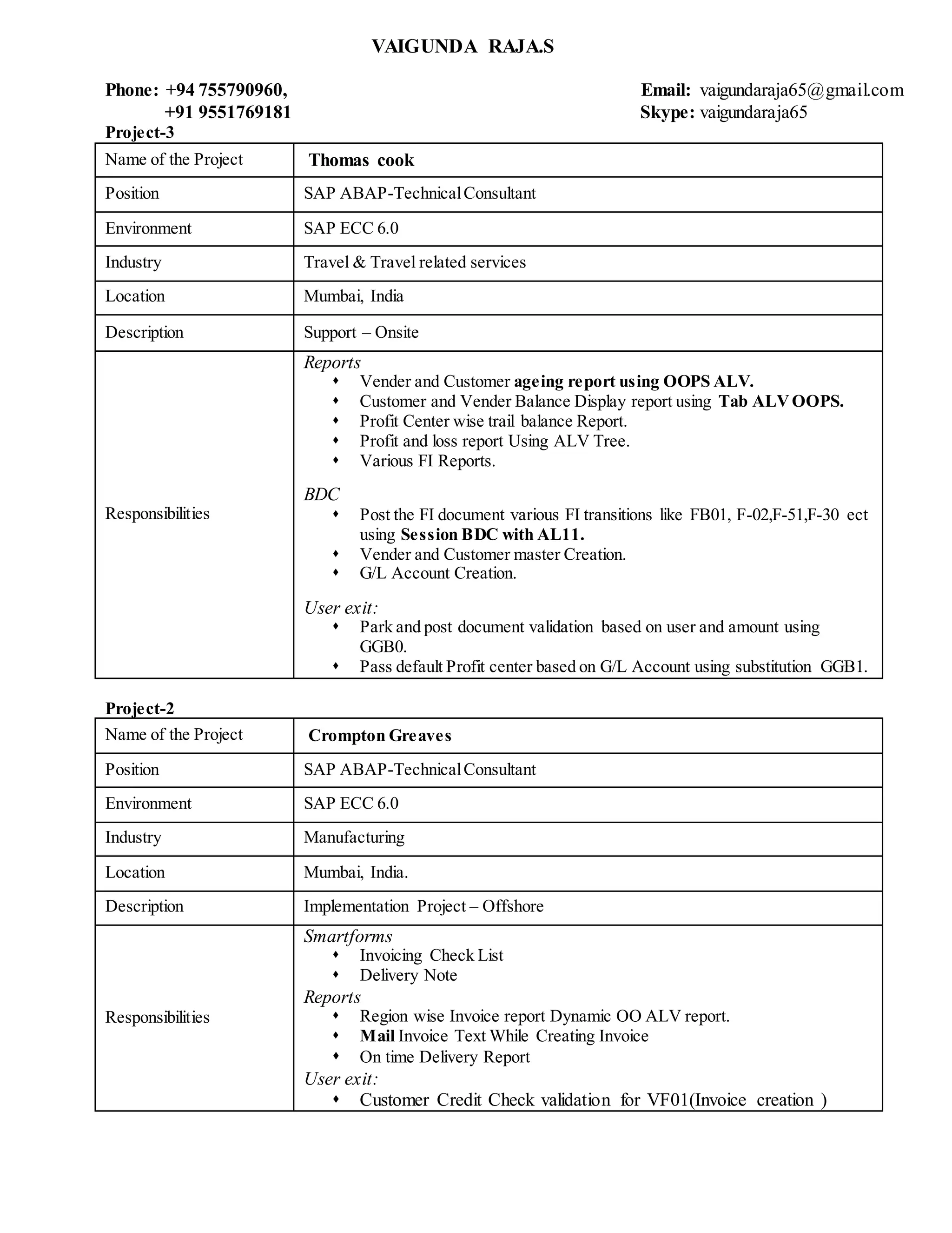 VAIGUNDA RAJA.S
Phone: +94 755790960, Email: vaigundaraja65@gmail.com
+91 9551769181 Skype: vaigundaraja65
Project-3
Name of the Project Thomas cook
Position SAP ABAP-TechnicalConsultant
Environment SAP ECC 6.0
Industry Travel & Travel related services
Location Mumbai, India
Description Support – Onsite
Responsibilities
Reports
 Vender and Customer ageing report using OOPS ALV.
 Customer and Vender Balance Display report using Tab ALVOOPS.
 Profit Center wise trail balance Report.
 Profit and loss report Using ALV Tree.
 Various FI Reports.
BDC
 Post the FI document various FI transitions like FB01, F-02,F-51,F-30 ect
using Session BDC with AL11.
 Vender and Customer master Creation.
 G/L Account Creation.
User exit:
 Park and post document validation based on user and amount using
GGB0.
 Pass default Profit center based on G/L Account using substitution GGB1.
Project-2
Name of the Project Crompton Greaves
Position SAP ABAP-TechnicalConsultant
Environment SAP ECC 6.0
Industry Manufacturing
Location Mumbai, India.
Description Implementation Project – Offshore
Responsibilities
Smartforms
 Invoicing Check List
 Delivery Note
Reports
 Region wise Invoice report Dynamic OO ALV report.
 Mail Invoice Text While Creating Invoice
 On time Delivery Report
User exit:
 Customer Credit Check validation for VF01(Invoice creation )
 