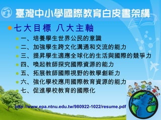 臺灣中小學國際教育白皮書架構 七大目標  八大主軸   一、培養學生世界公民的意識  二、加強學生跨文化溝通和交流的能力  三、提昇學生適應全球化的生活與國際的競爭力  四、喚起教師探究國際資源的能力  五、拓展教師國際視野的教學創新力  六、強化學校應用國際教育資源的能力  七、促進學校教育的國際化  http://www.epa.ntnu.edu.tw/980922-1022/resume.pdf 
