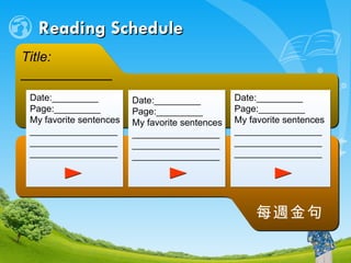 Reading Schedule 每週金句 Description of the contents Date:_________ Page:_________ My favorite sentences _________________ _________________ _________________ Title: ____________ Date:_________ Page:_________ My favorite sentences _________________ _________________ _________________ Date:_________ Page:_________ My favorite sentences _________________ _________________ _________________ 