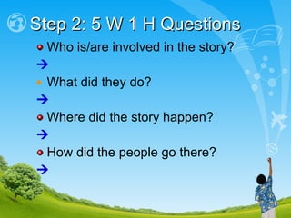 Who is/are involved in the story?  What did they do?     Where did the story happen?  How did the people go there?  Step 2: 5 W 1 H Questions 