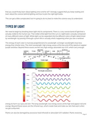 Page 6
that you could finally learn about lighting once and for all? I strongly suggest that you keep reading and
learn about the science behind lighting and how to pick the right light bulbs.
This can get a little complicated, but I'm going to do my best to make this science easy to understand.
Types of Light
We need to begin by breaking down light into its components. There is a very narrow band of light that is
actually visible to the human eye. That visible white light from the sun or a light bulb is actually composed
of many different colors of light. White light can be separated into the different colors of light, determined
by wavelength, by passing it through a prism (this is actually what's happening when you see a rainbow):
The energy of each color is inversely proportional to its wavelength, so longer wavelengths have less
energy than shorter ones. The short wavelength, high energy waves at the low end of the spectrum appear
purple and blue. Beyond these waves are the very high energy ultraviolet rays (UV), which carry enough
energy to harm our eyes and skin. The long wavelength, low energy waves at the high end appear red and
orange. Beyond these waves are the infrared rays, which create heat and make our skin feel warm when
we get sunburned.
Plants can also be damaged by excessive heat (infrared) or ultraviolet (UV) radiation. Plants receiving
 
