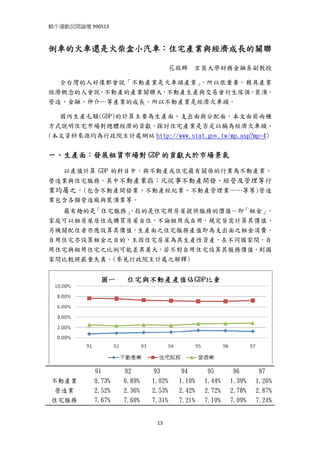 蝸牛運動民間論壇 990513 
 

倒車的火車還是火柴盒小汽車：住宅產業與經濟成長的關聯

                                   花敬群   玄奘大學財務金融系副教授

  全台灣的人好像都會說「不動產業是火車頭產業」，所以很重要。稍具產業
經濟概念的人會說，不動產的產業關聯大，不動產生產與交易會衍生傢俱、裝潢、
營造、金融、仲介…等產業的成長，所以不動產業是經濟火車頭。

  國內生產毛額(GDP)的計算主要為生產面、支出面與分配面，本文由前兩種
方式說明住宅市場對總體經濟的貢獻，探討住宅產業是否足以稱為經濟火車頭。
(本文資料來源均為行政院主計處網站 http://www.stat.gov.tw/mp.asp?mp=4)


一、生產面：發展租賃市場對 GDP 的貢獻大於市場景氣

     以產值計算 GDP 的科目中，與不動產或住宅最有關係的行業為不動產業、
營造業與住宅服務。其中不動產業指：凡從事不動產開發、經營及管理等行
業均屬之。(包含不動產開發業、不動產經紀業、不動產管理業……等等)營造
業包含各類營造廠與裝潢業等。
  最有趣的是「住宅服務」，指的是住宅用房屋提供服務的價值－即「租金」，
家庭可以租房屋居住或購買房屋自住，不論租用或自用，規定皆需計算其價值，
另機關配住者亦應設算其價值，生產面之住宅服務產值即為支出面之租金消費。
自用住宅亦設算租金之目的，主因住宅房屋為具生產性資產，在不同國家間，自
用住宅與租用住宅之比例可能差異甚大，若不對自用住宅設算其服務價值，則國
家間比較將嚴重失真。(參見行政院主計處之解釋)




            91     92      93       94      95      96      97
    不動產業   0.73%   0.89%   1.02%    1.10%   1.44%   1.39%   1.26%
     營造業   2.52%   2.36%   2.53%    2.42%   2.72%   2.78%   2.87%
    住宅服務   7.67%   7.60%   7.31%    7.21%   7.10%   7.09%   7.24%


                            13
 