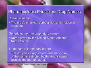 Copyright © 2002, 1998, Elsevier Science (USA). All rights reserved.
Pharmacologic Principles: Drug NamesPharmacologic Principles: Drug Names
Chemical nameChemical name
• The drug’s chemical composition and molecularThe drug’s chemical composition and molecular
structurestructure
Generic name (nonproprietary name)Generic name (nonproprietary name)
• Name given by the United States AdoptedName given by the United States Adopted
Name CouncilName Council
Trade name (proprietary name)Trade name (proprietary name)
• The drug has a registered trademark; useThe drug has a registered trademark; use
of the name restricted by the drug’s ownerof the name restricted by the drug’s owner
(usually the manufacturer)(usually the manufacturer)
 